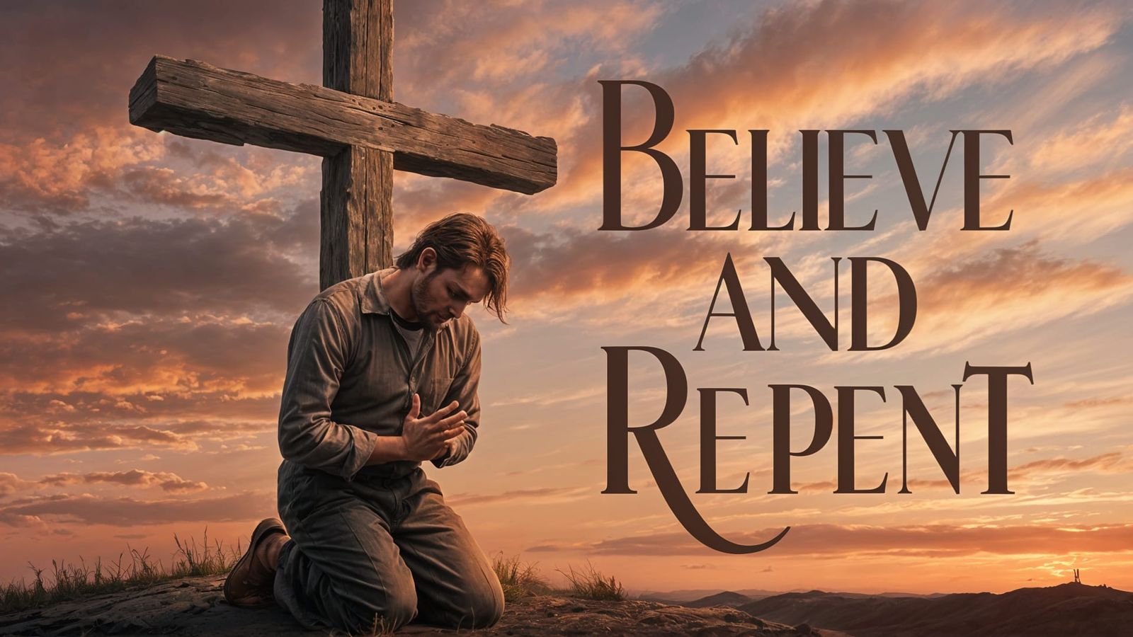 Man Kneeling at Cross During Sunset