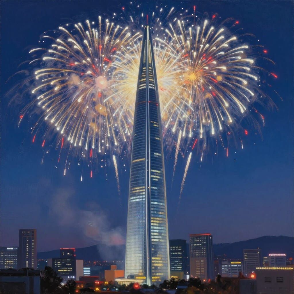 Lotte World Tower New Year's Fireworks Oil Painting