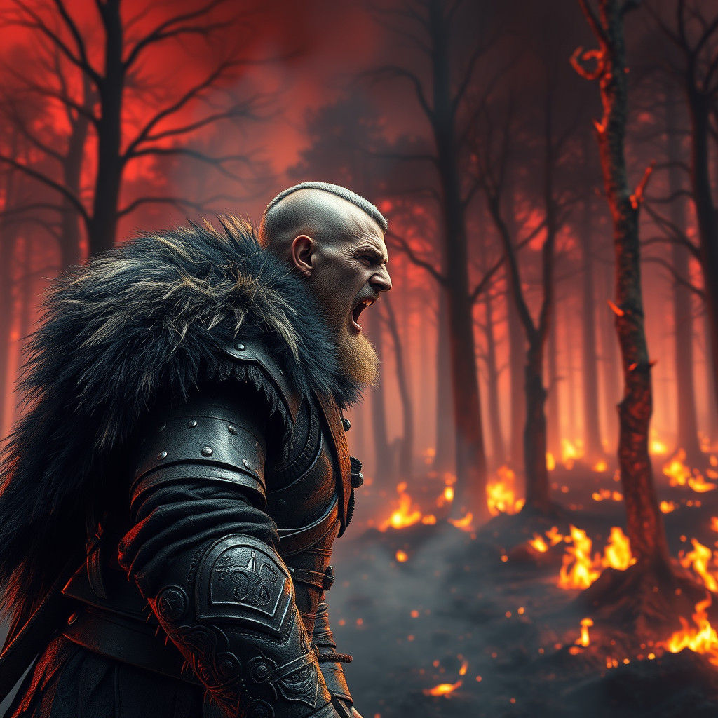 Viking Warrior in Burning Forest: Hyper-Realistic Battle Sce...