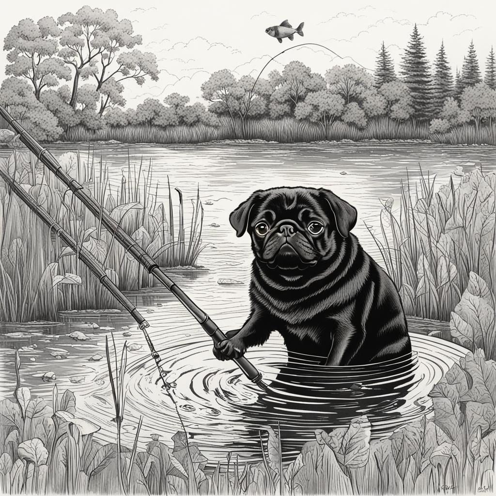Black Pug Dog Fishing