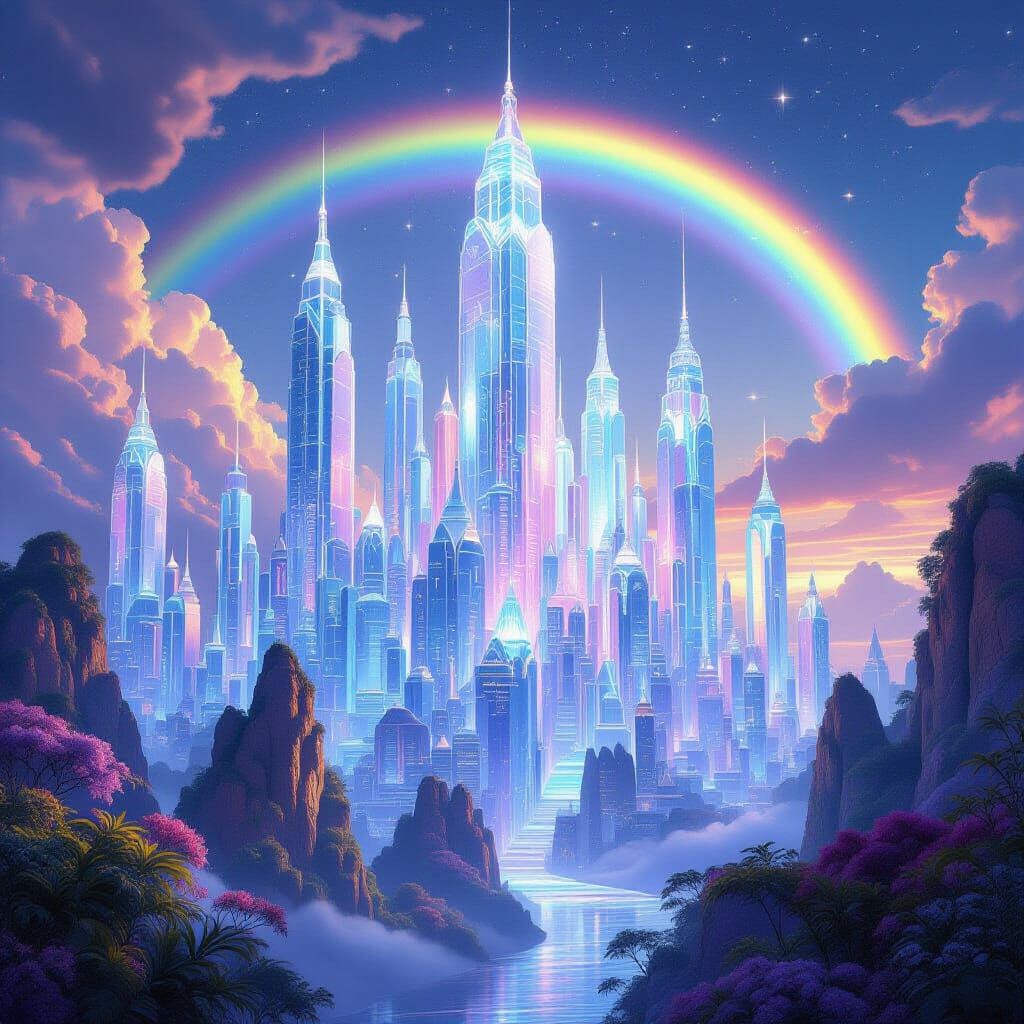 Crystal Cityscape Under Double Rainbow Arch