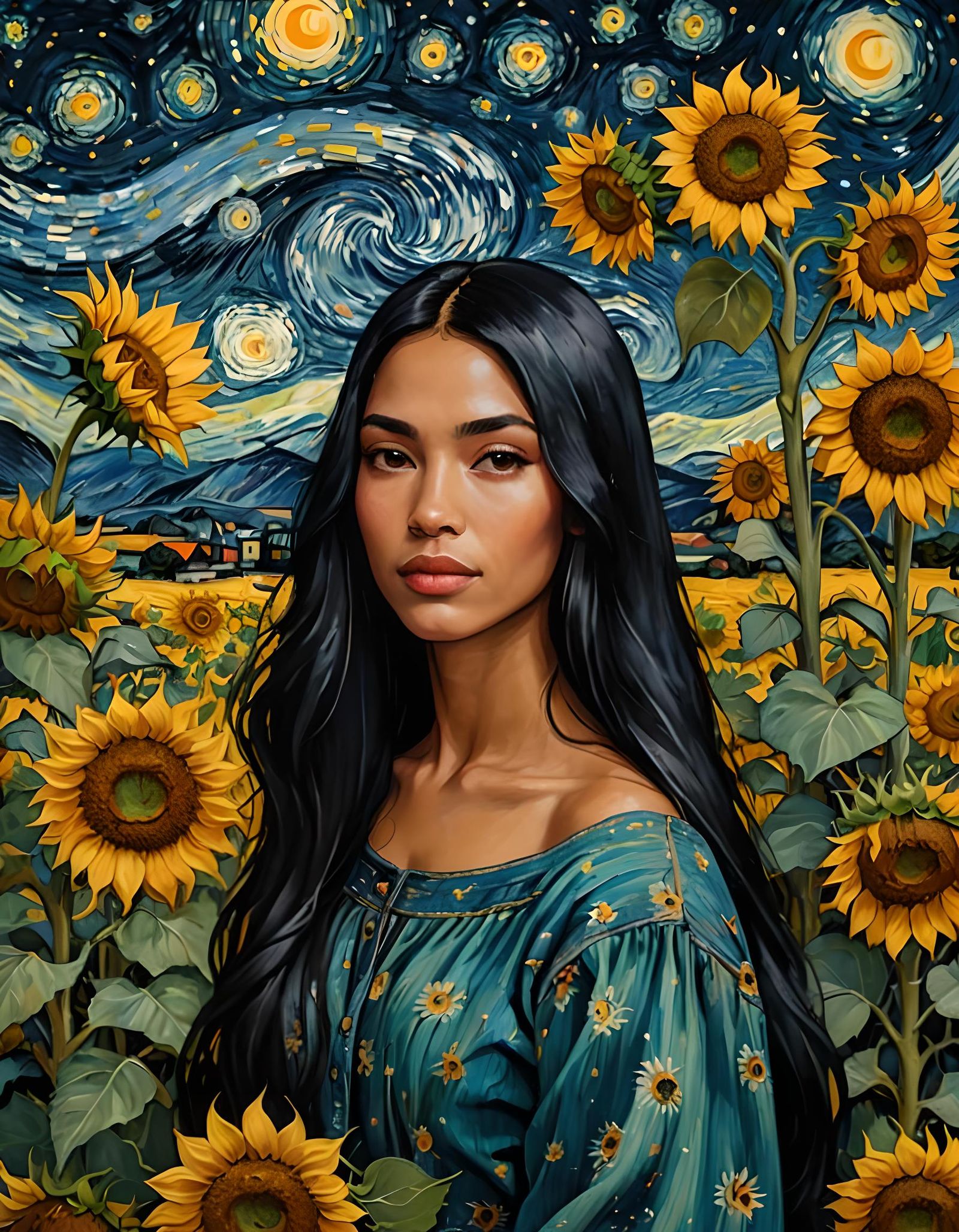 Girl with Sunflowers in Van Gogh Style