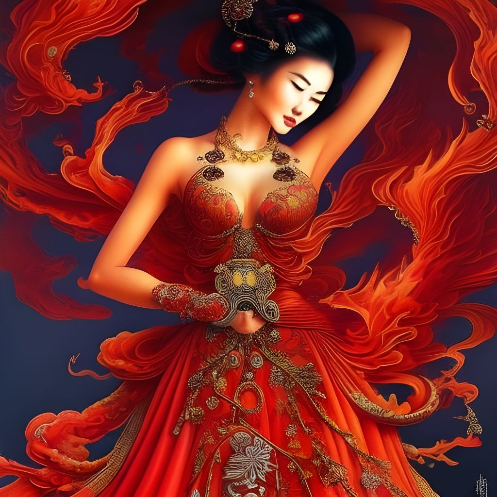 Fiery Asian Woman in Red Dress: Hyperdetailed Art