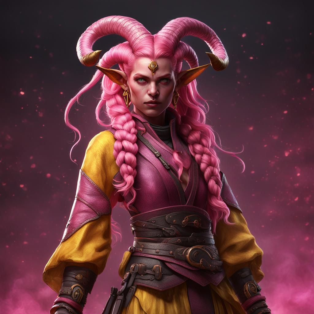 Pink Tiefling Woman in Flowing Yellow Outfit