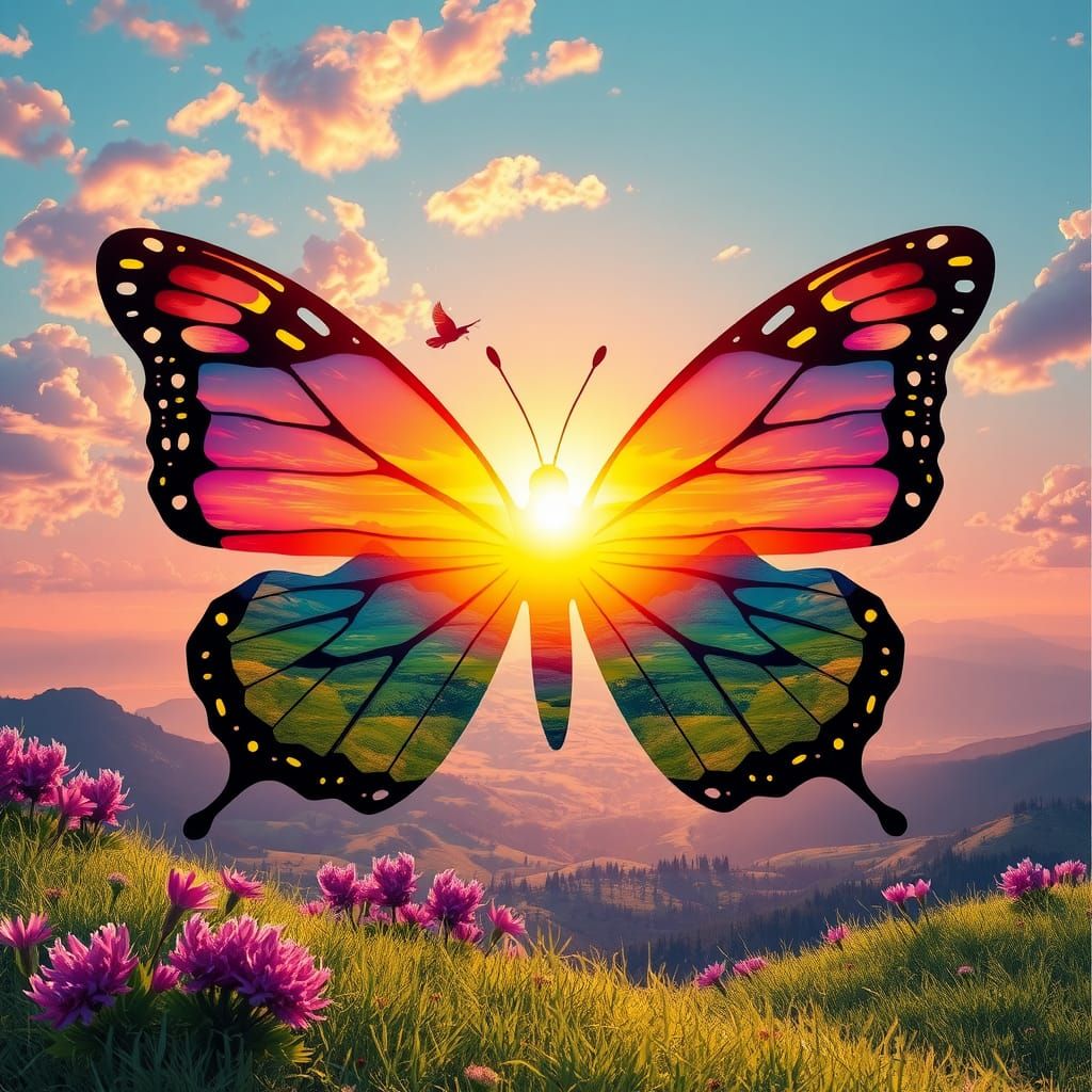 Surreal Sunrise Landscape Inside Butterfly Illustration