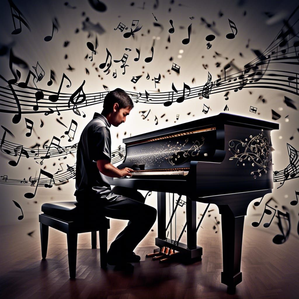 Pianist Plays Music with Floating Notes in HDR