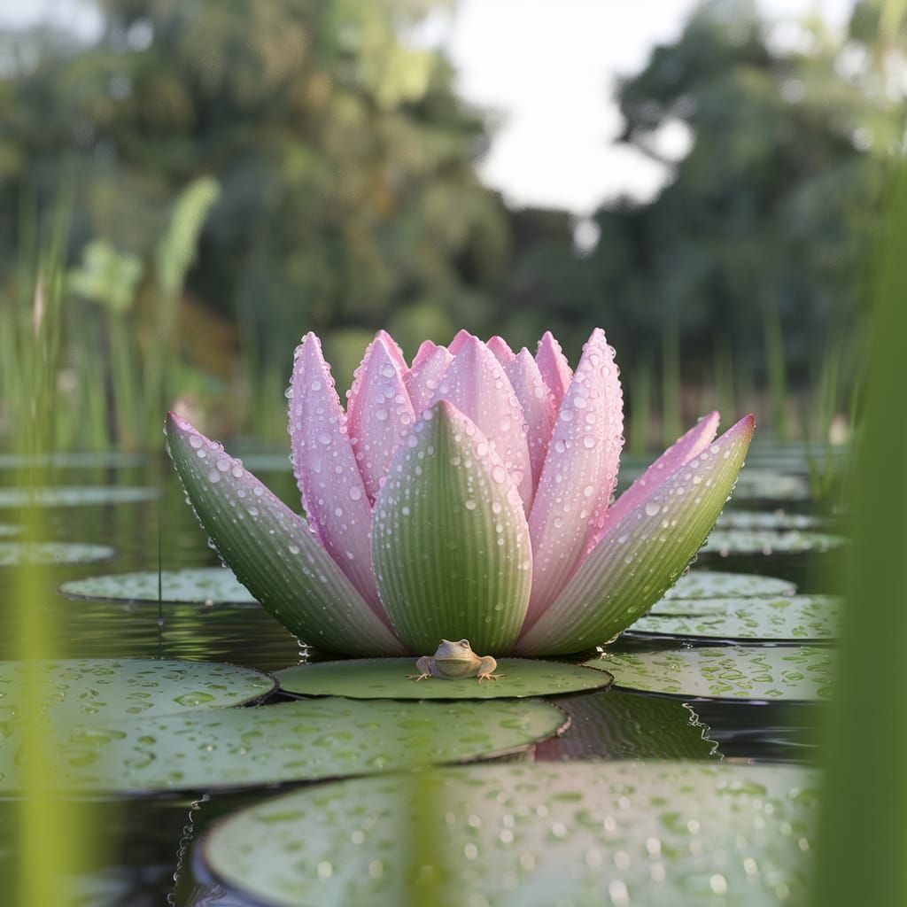 Lotus Flower with Frog in Morning Light