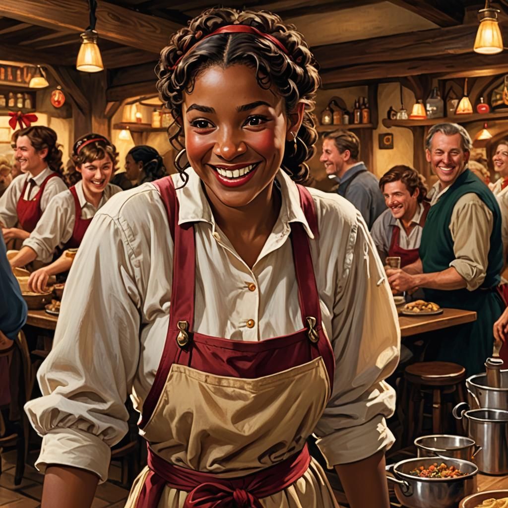 happy, smiling hobbit woman. ebony skin. curly auburn hair t...