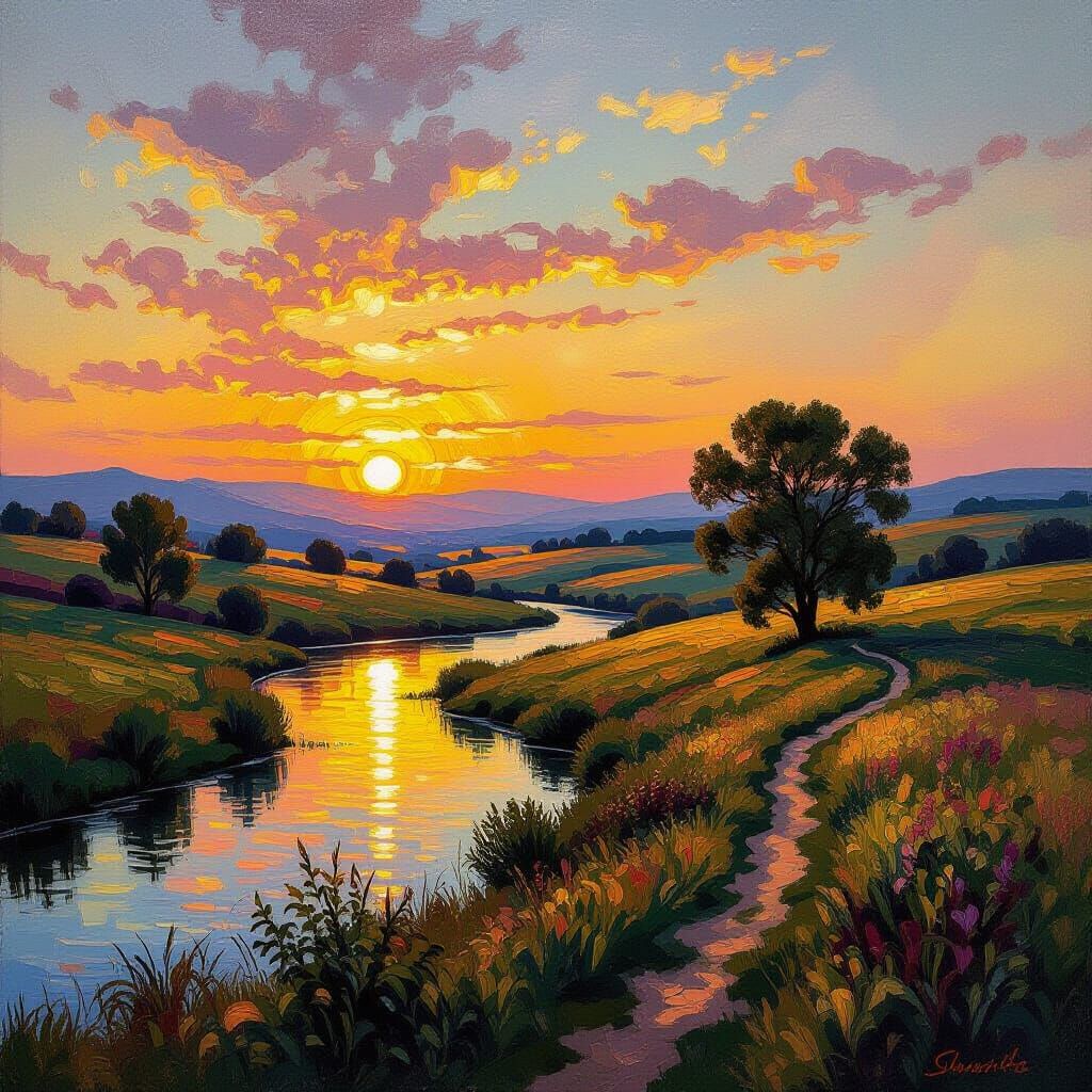 Golden Hour Landscape: Neo-Impressionist Oil Painting