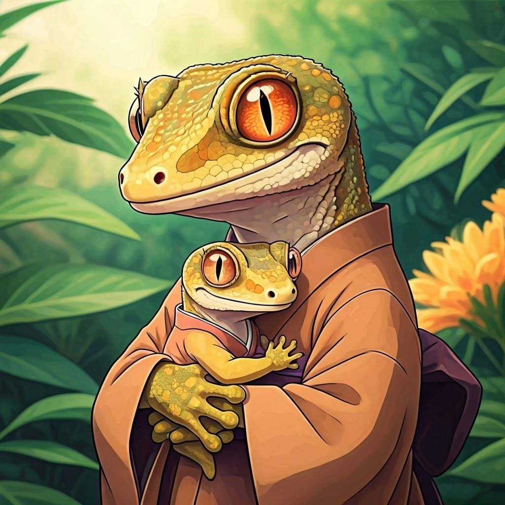 Mother Gecko in Whimsical Anime-Inspired Setting