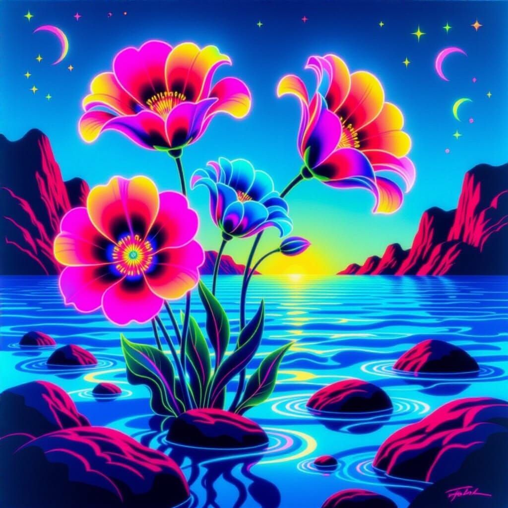 Surreal Neon Flowers on Fluorescent Sea