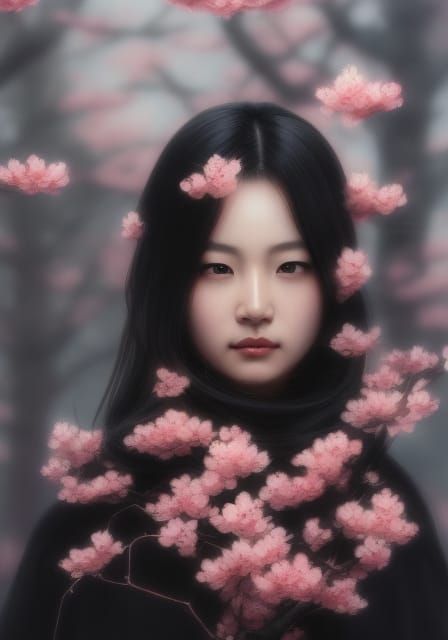 Gorgeous Japanese girl, with cherry blossoms finely detailed, intricate design head portrait, dramatic lighting, beautif...