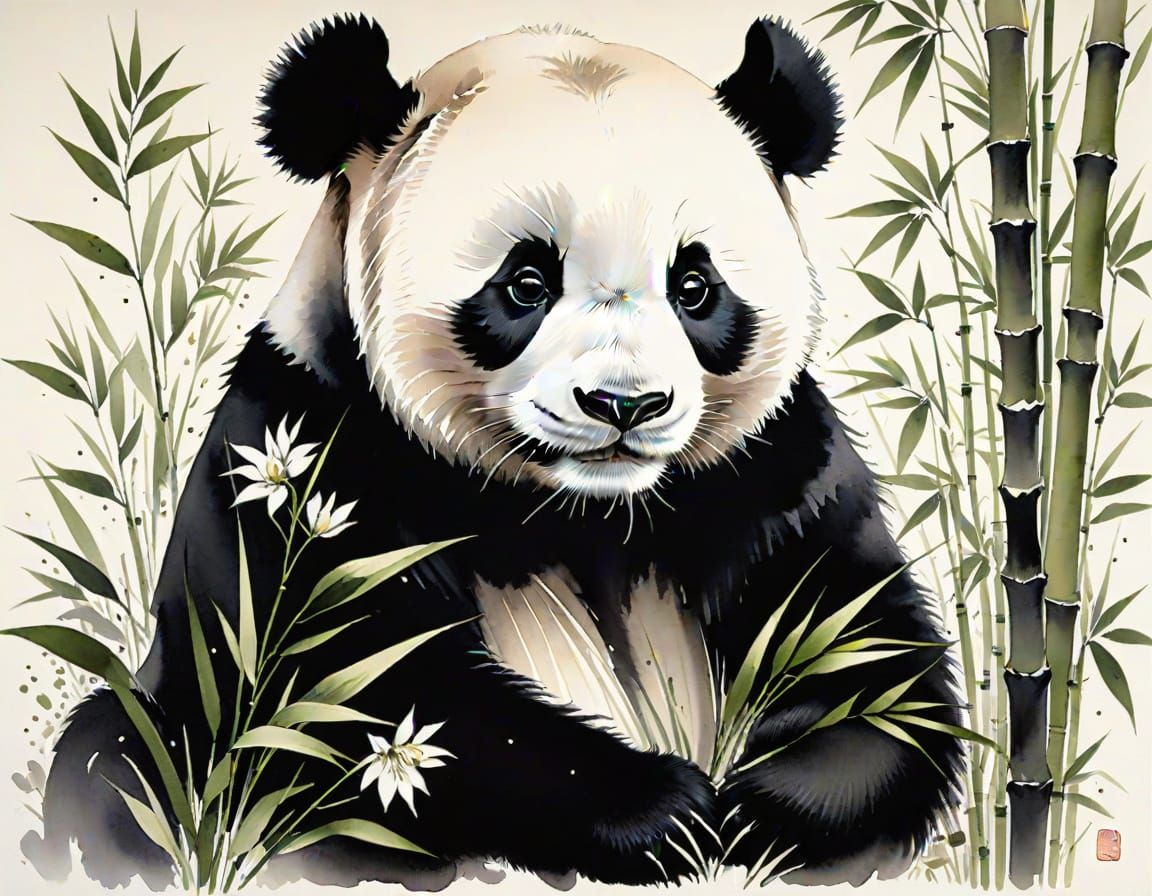 Panda in Bamboo: Sumi Ink Wash Painting