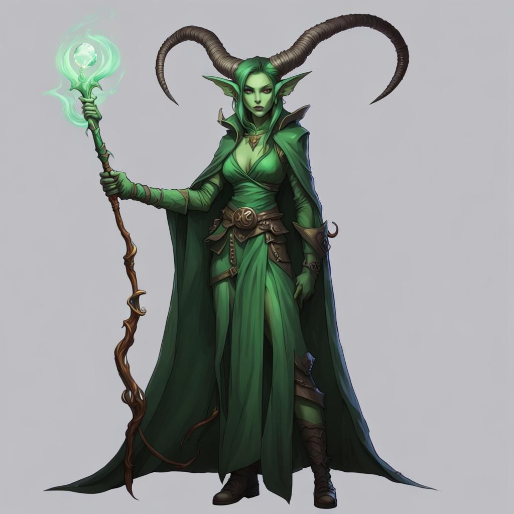 Green Tiefling Wizard with Crystal Staff