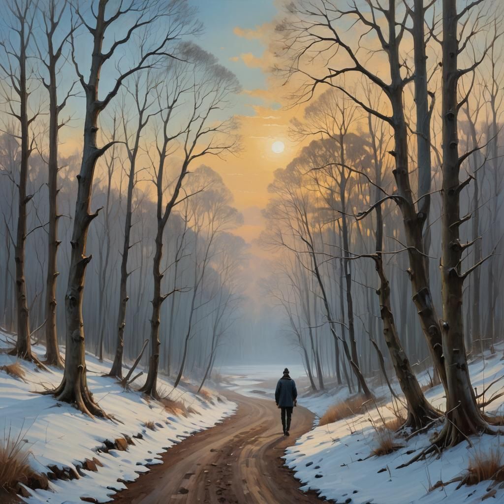 Winter Forest Landscape Painting in Impressionist Style