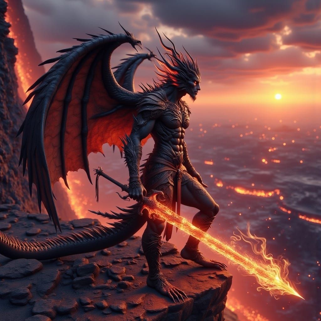 Dragon-Human Hybrid Warrior on Volcanic Cliff