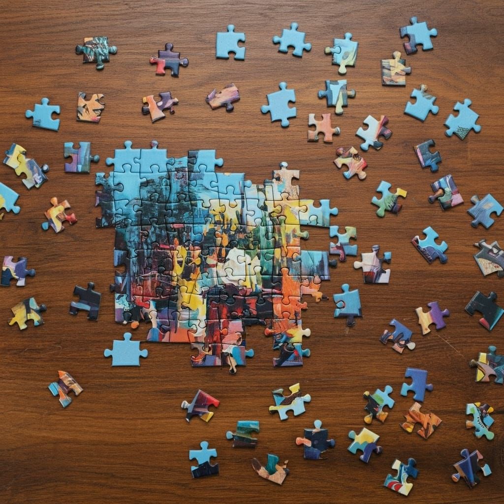 Vibrant Puzzle in Impressionist Style on Wooden Table