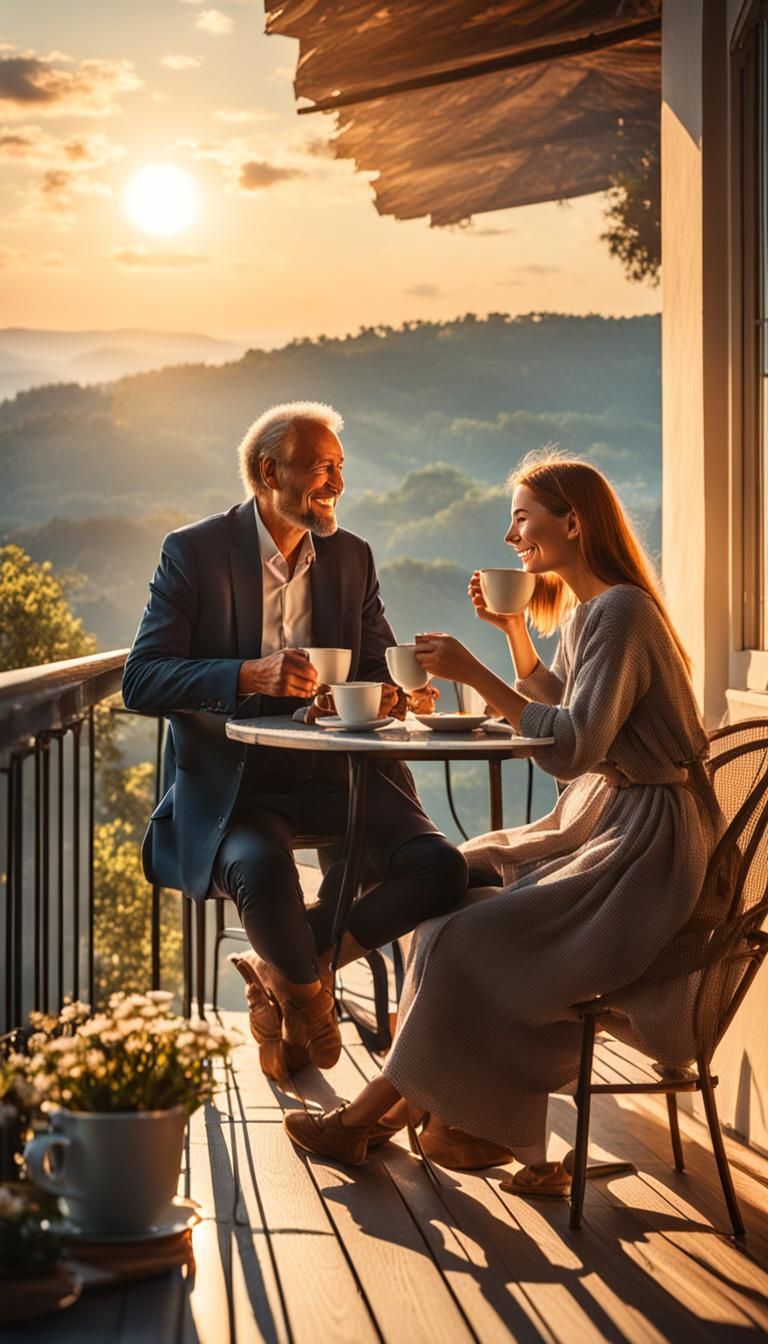 Couple Enjoying Morning Coffee on Terrace