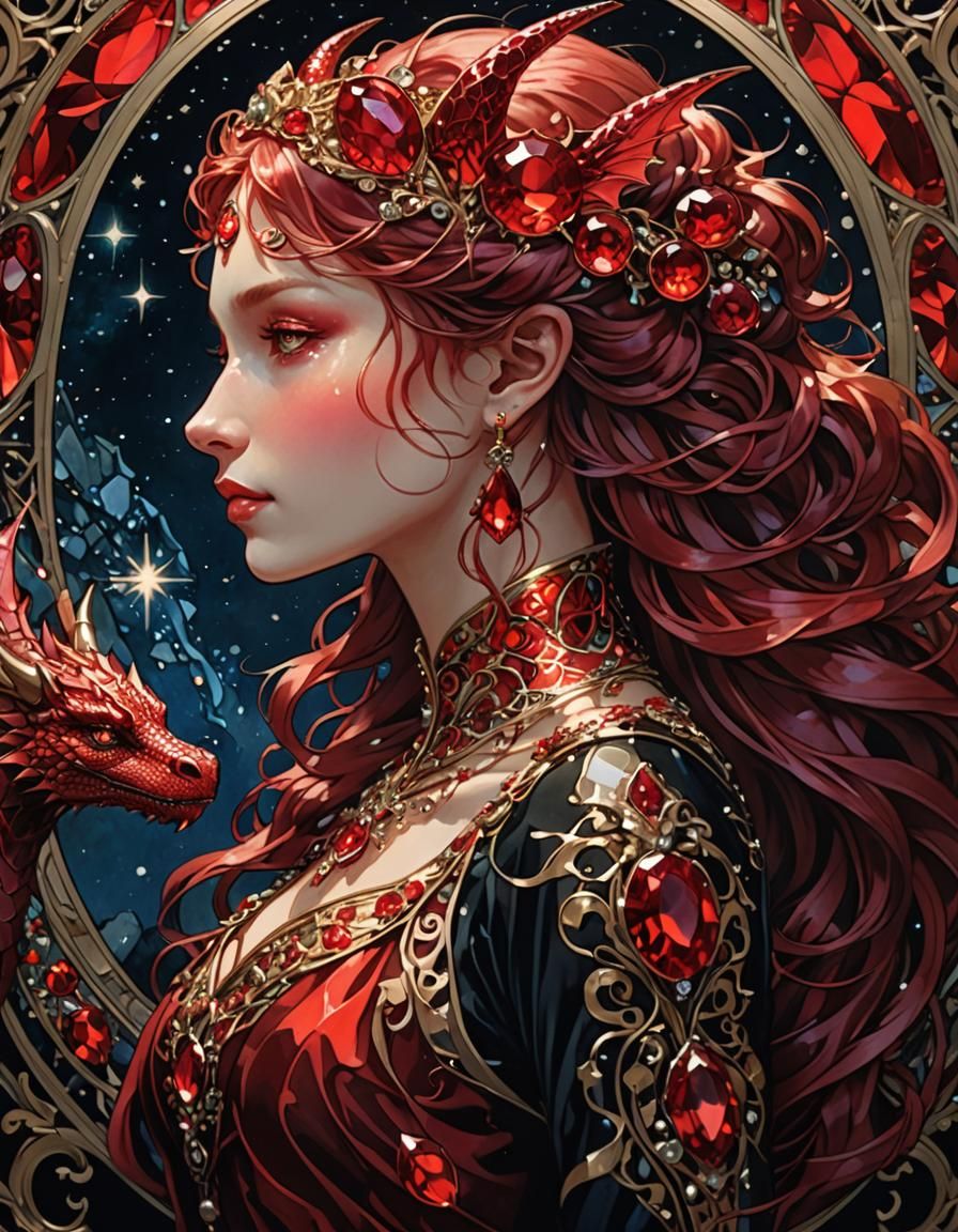 Luminescent Ruby Crystal Dragon Girl in Art Nouveau Style