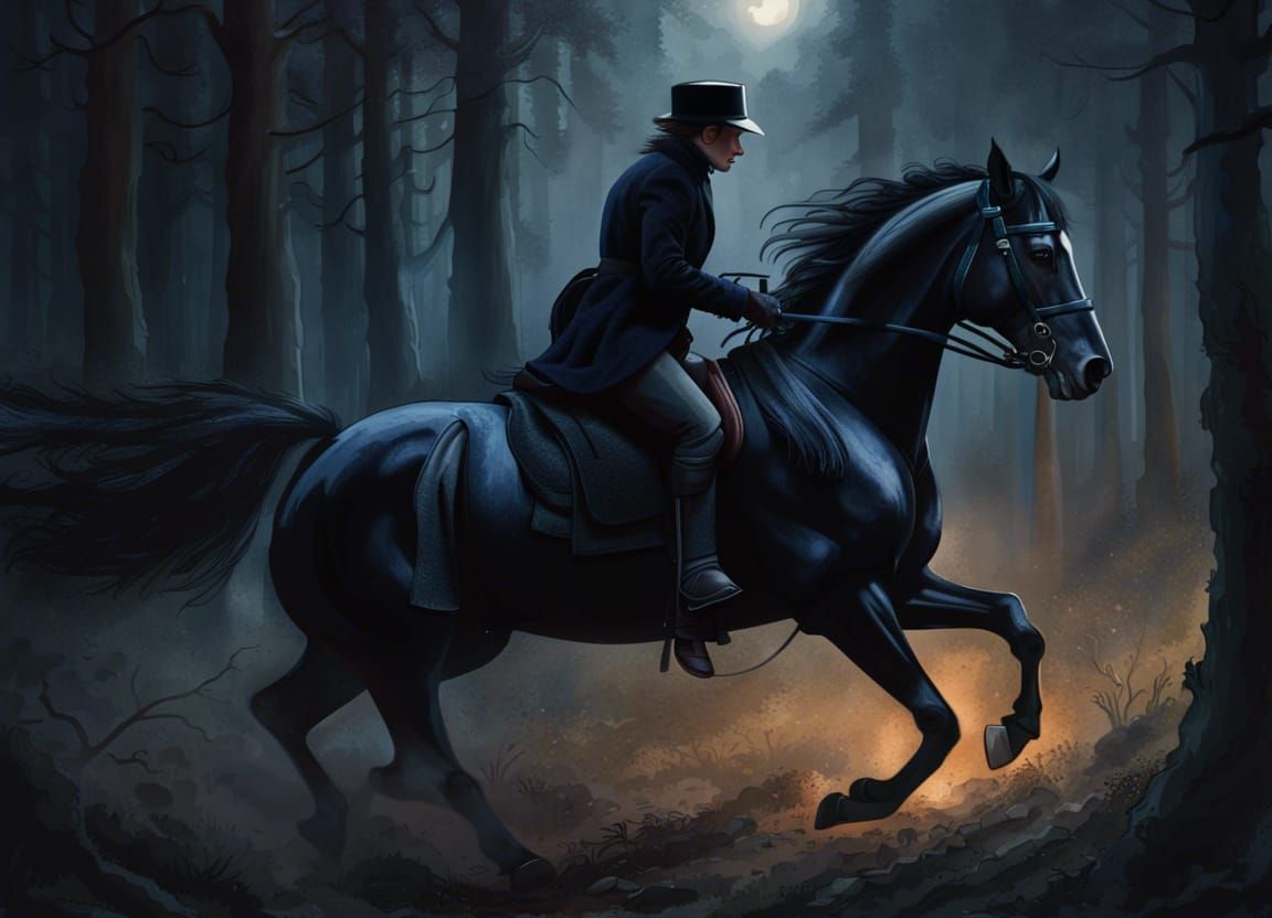 Galloping Rider on Black Horse Through Twilight Forest