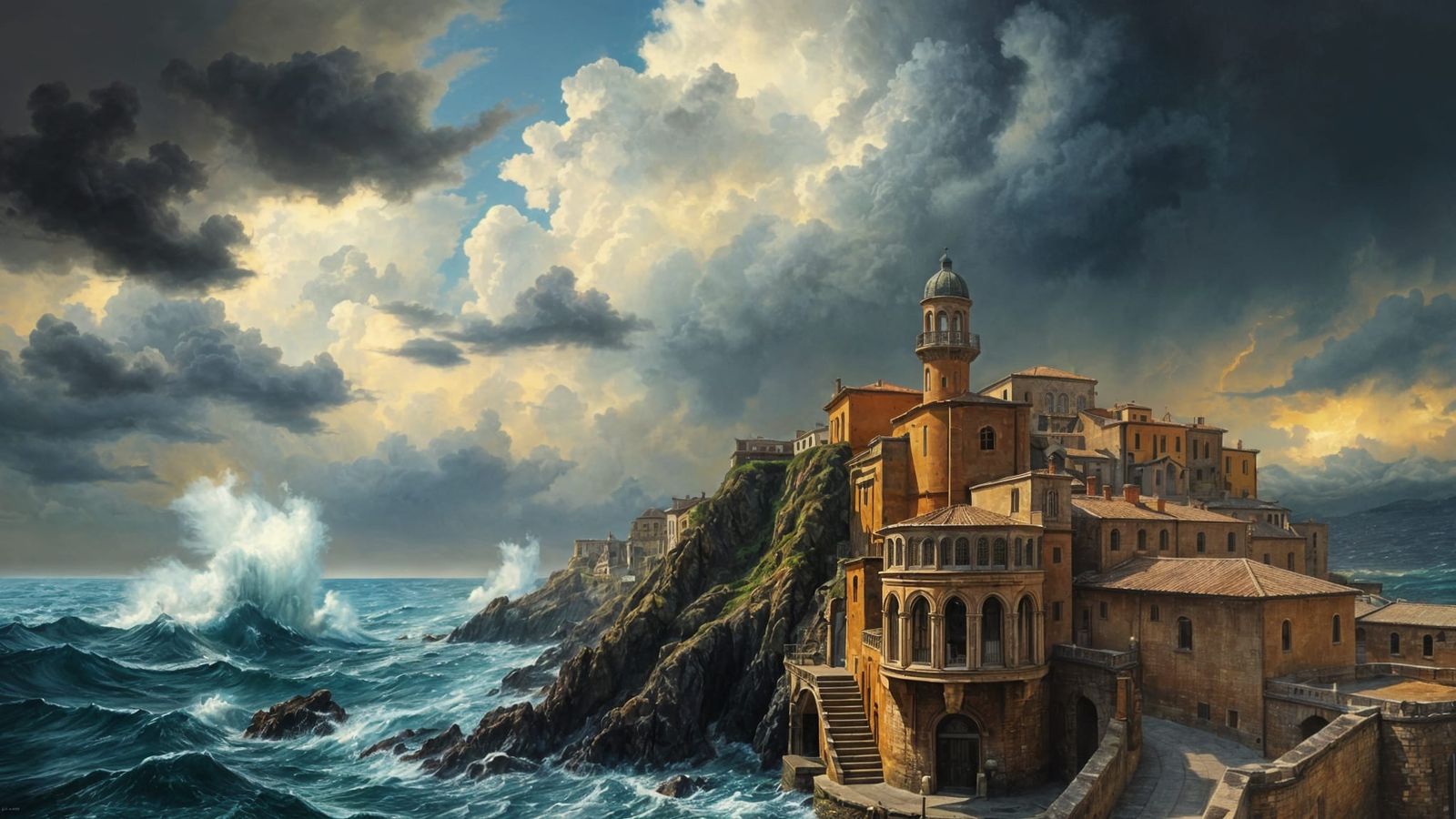 Stormy Seaside City: An Oil Painting in Turner Style