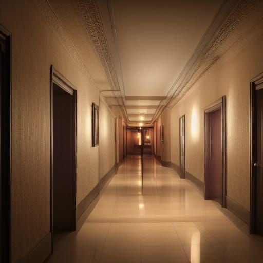 Eerie Hotel Hallway with Strange Art: Realistic Photo