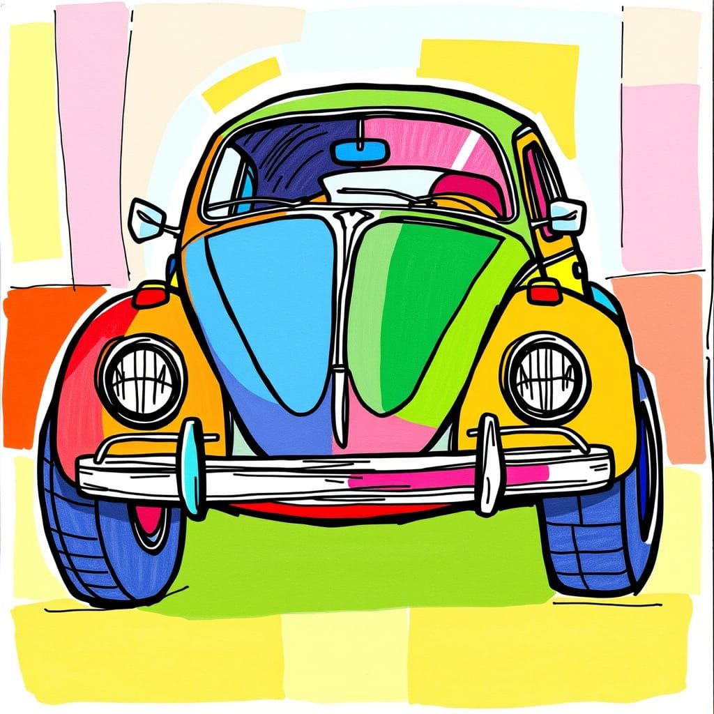 Surreal Cubist VW Beetle in Vibrant Kaleidoscope