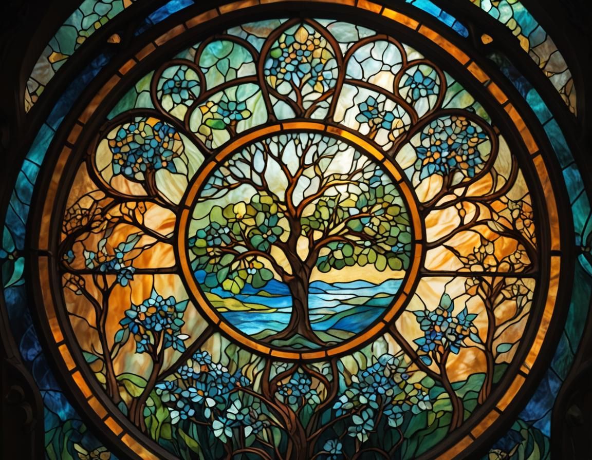 Impressionistic Stained Glass Window with Floral Landscape