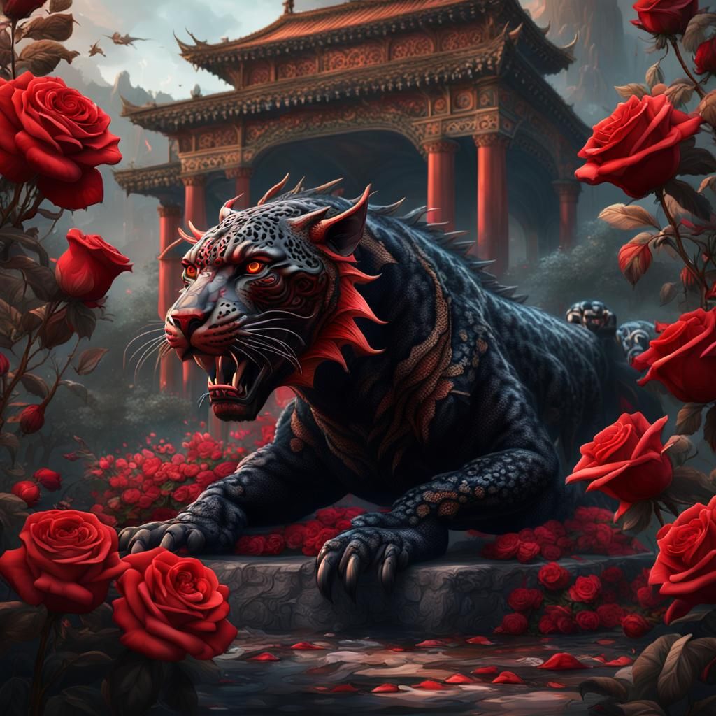 Red Dragon, Black Jaguar, and Roses Fantasy Art