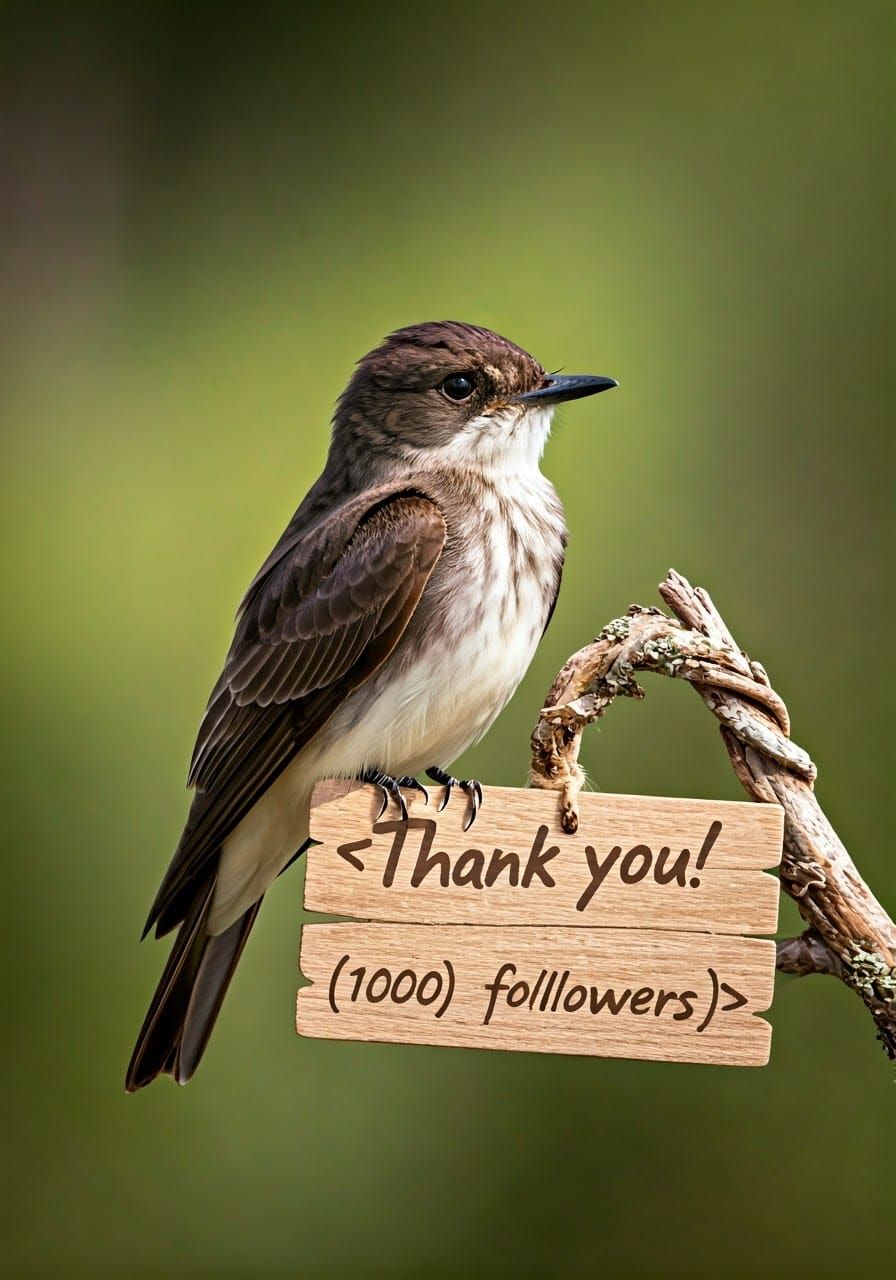 Majestic Phoebe Bird on Branch with Thank You Sign