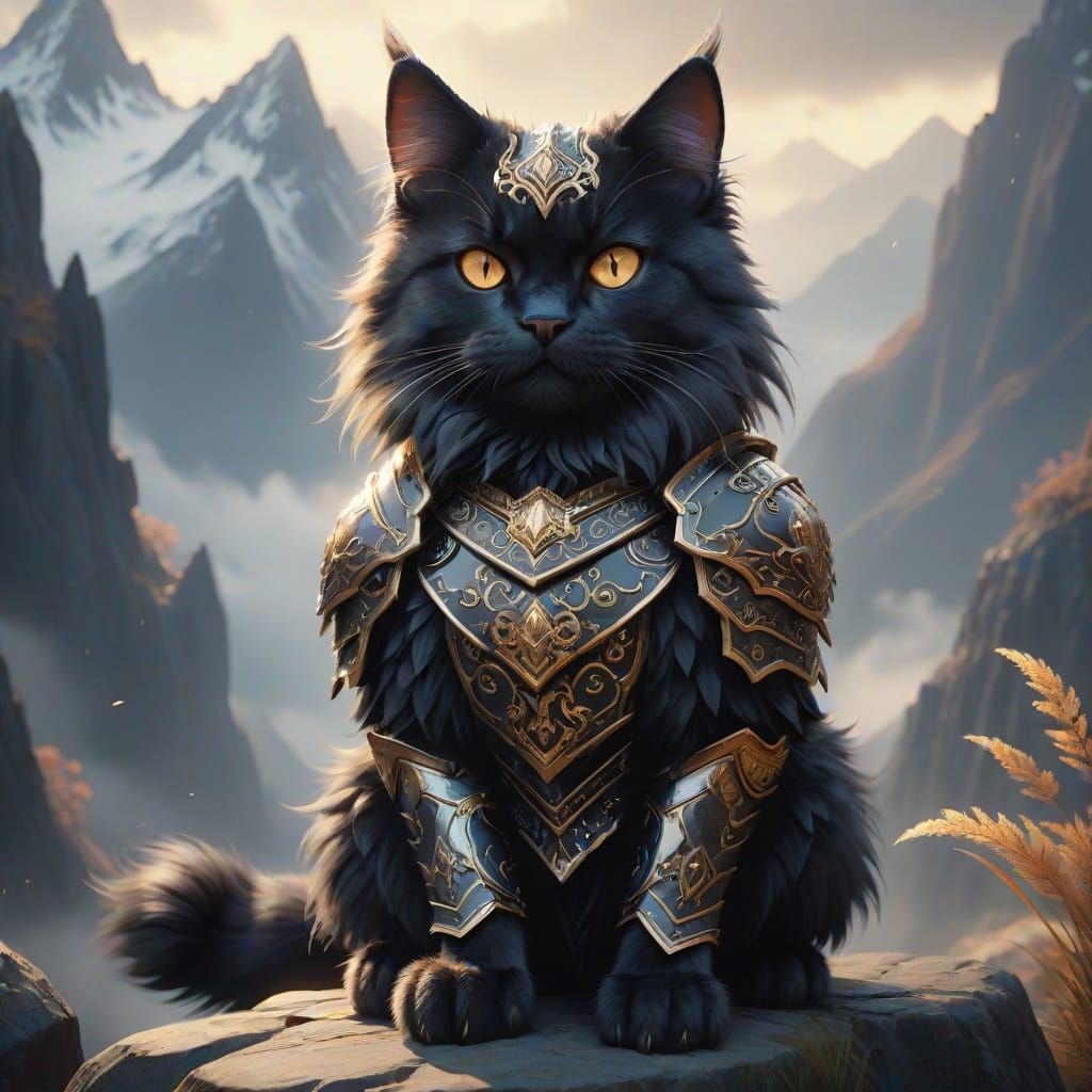 Majestic Fluffy Black Warrior Cat in Regal Armor