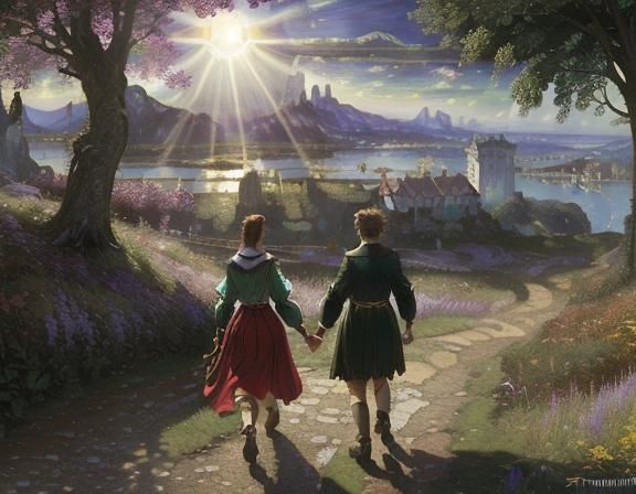 Friends Chatting in Sunny Countryside: Photorealistic Art