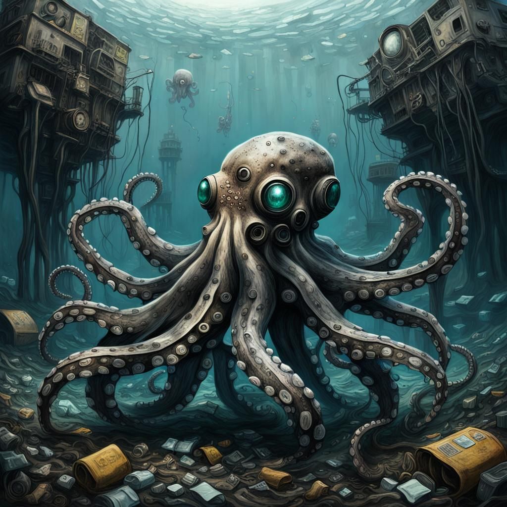 Robotic Octopus in Polluted Ocean, Biomechanical Surrealism