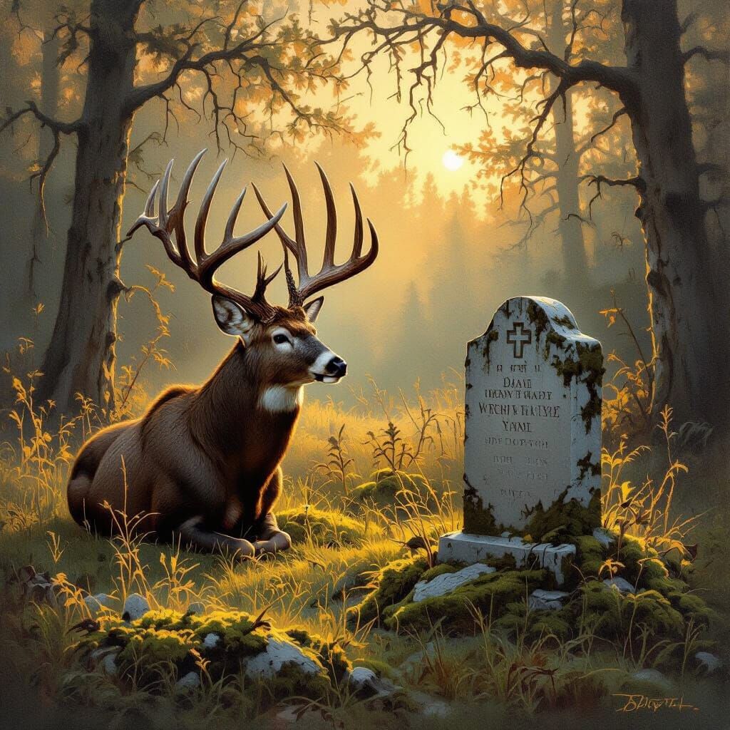 Old Whitetail Buck Visits Hunter's Grave in Forest