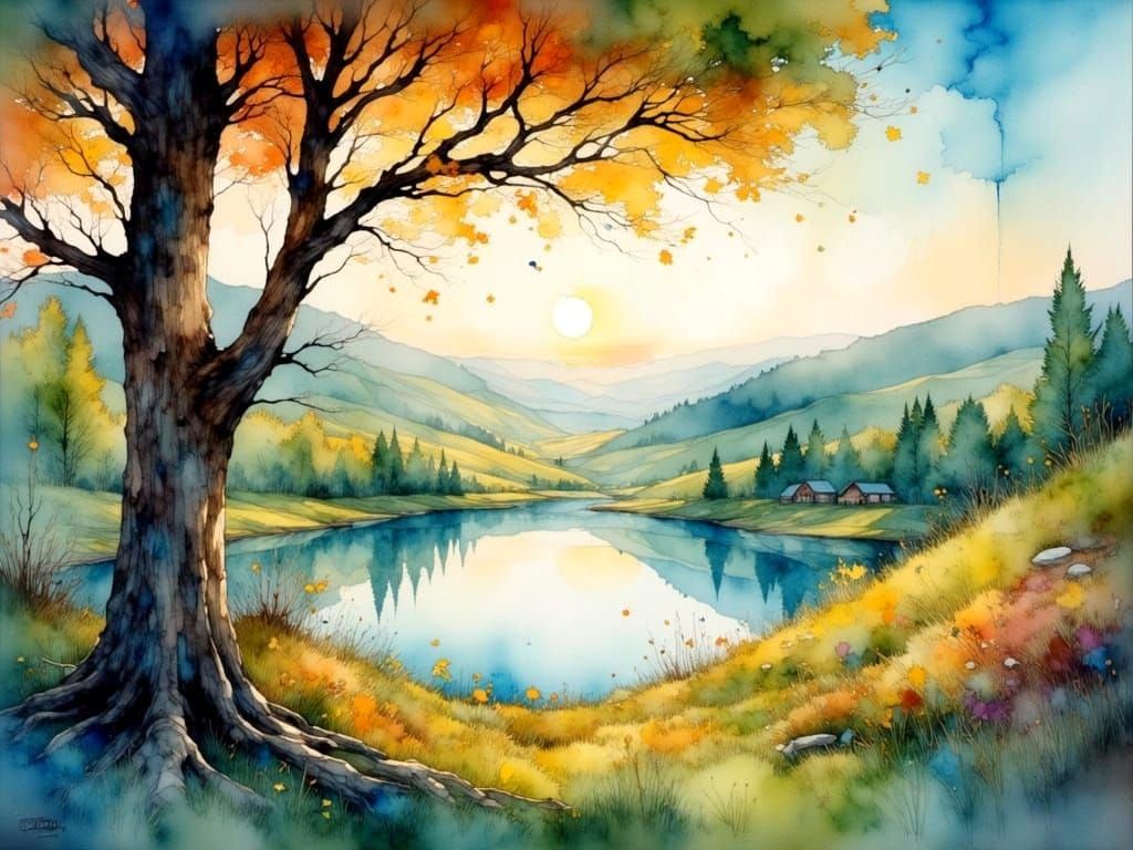 Cubist Watercolor of Lake From Treetop