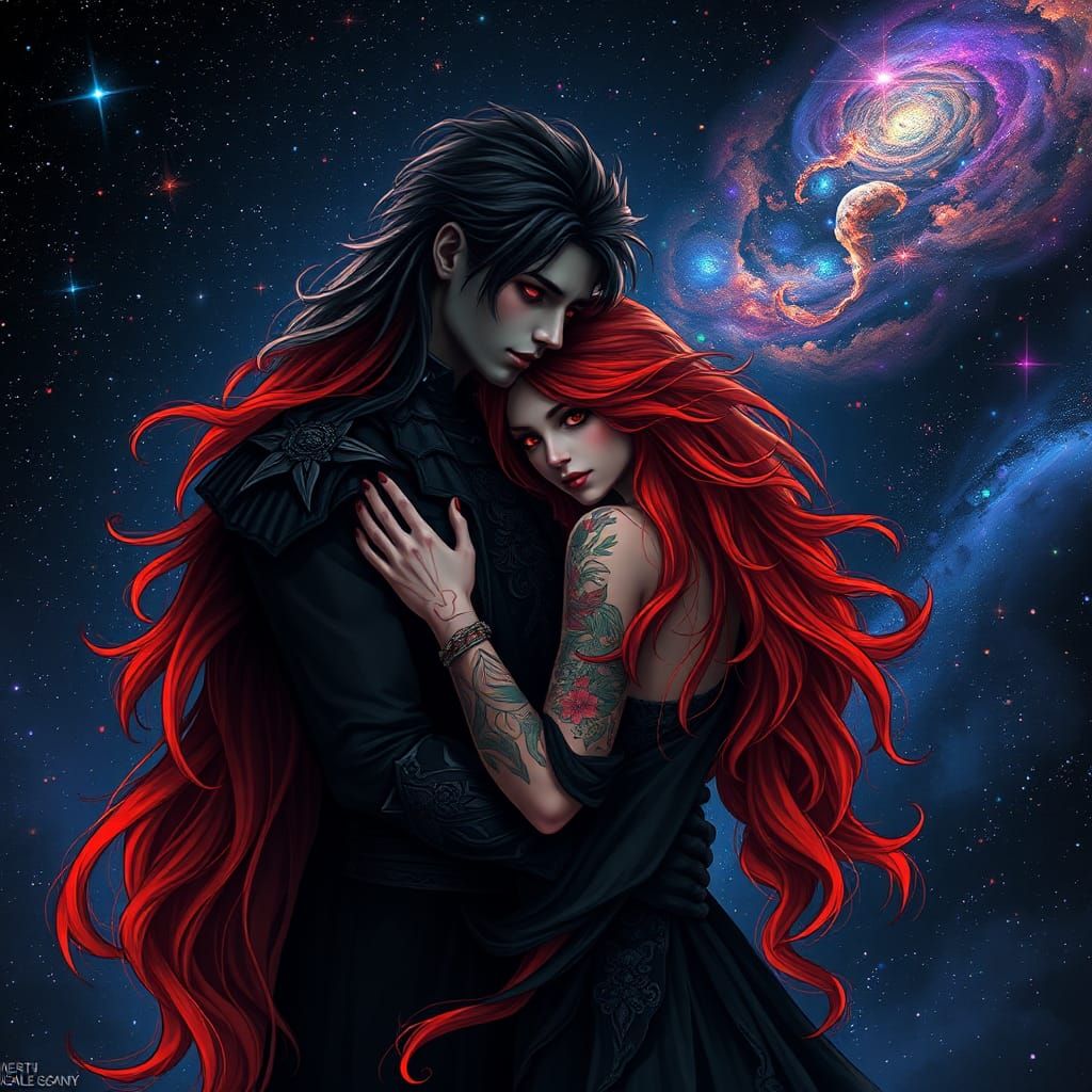 Mysterious Dark Prince Embraces Fiery Love in Galaxy