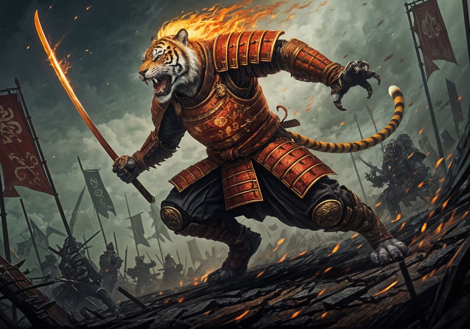 Epic Samurai Tiger Battles Across a Chaotic Battlefield