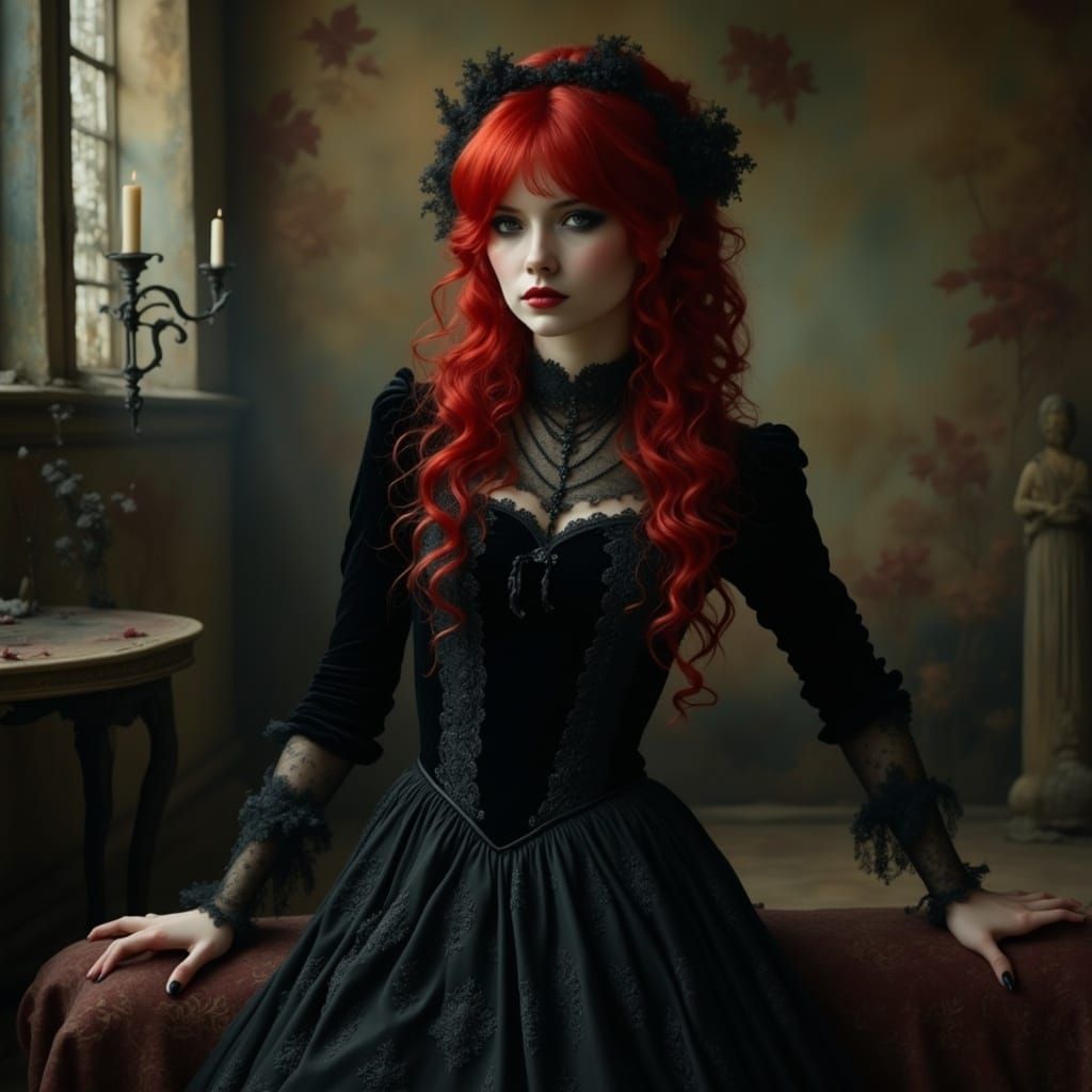 Gothic Girl Portrait with 80s Hairstyle in Dark Aesthetic