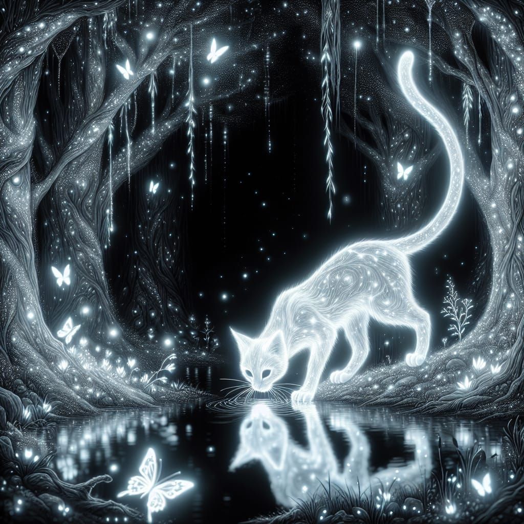 Bioluminescent Phantom Cat in Enchanted Forest