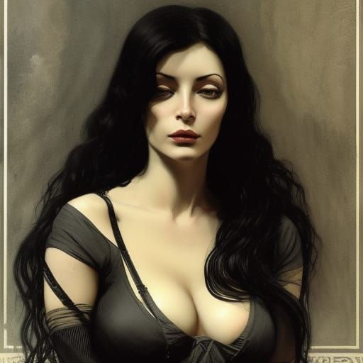 Portrait of edwige fenech, a beautiful Italian woman, black hair, dark academia, trending on Artstation, oil on canvas, ...