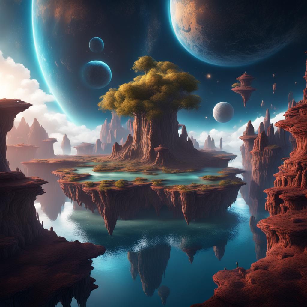 Fantastical Floating Islands in Space, Detailed Matte Painti...
