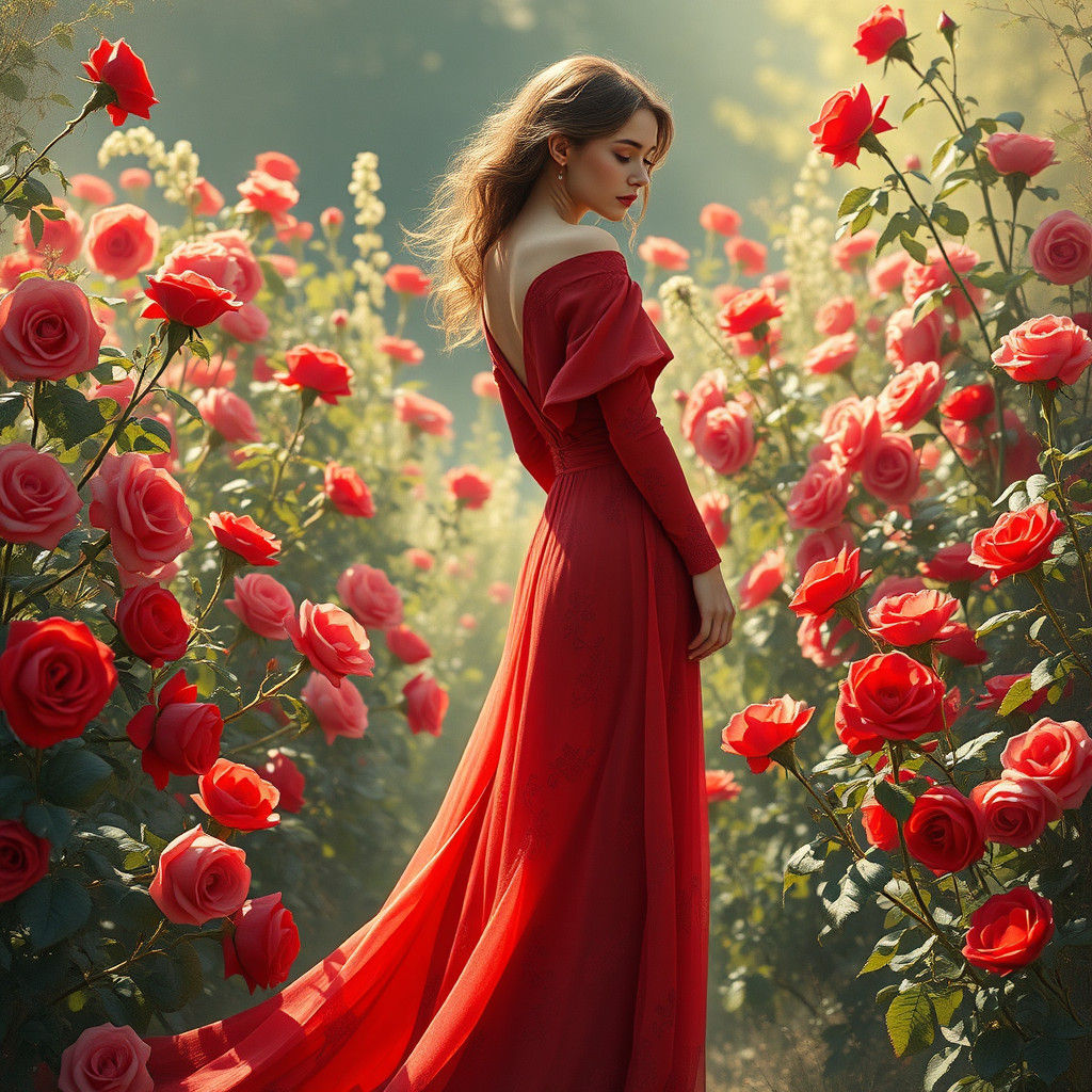 Elegant Woman in Red Gown Among Roses