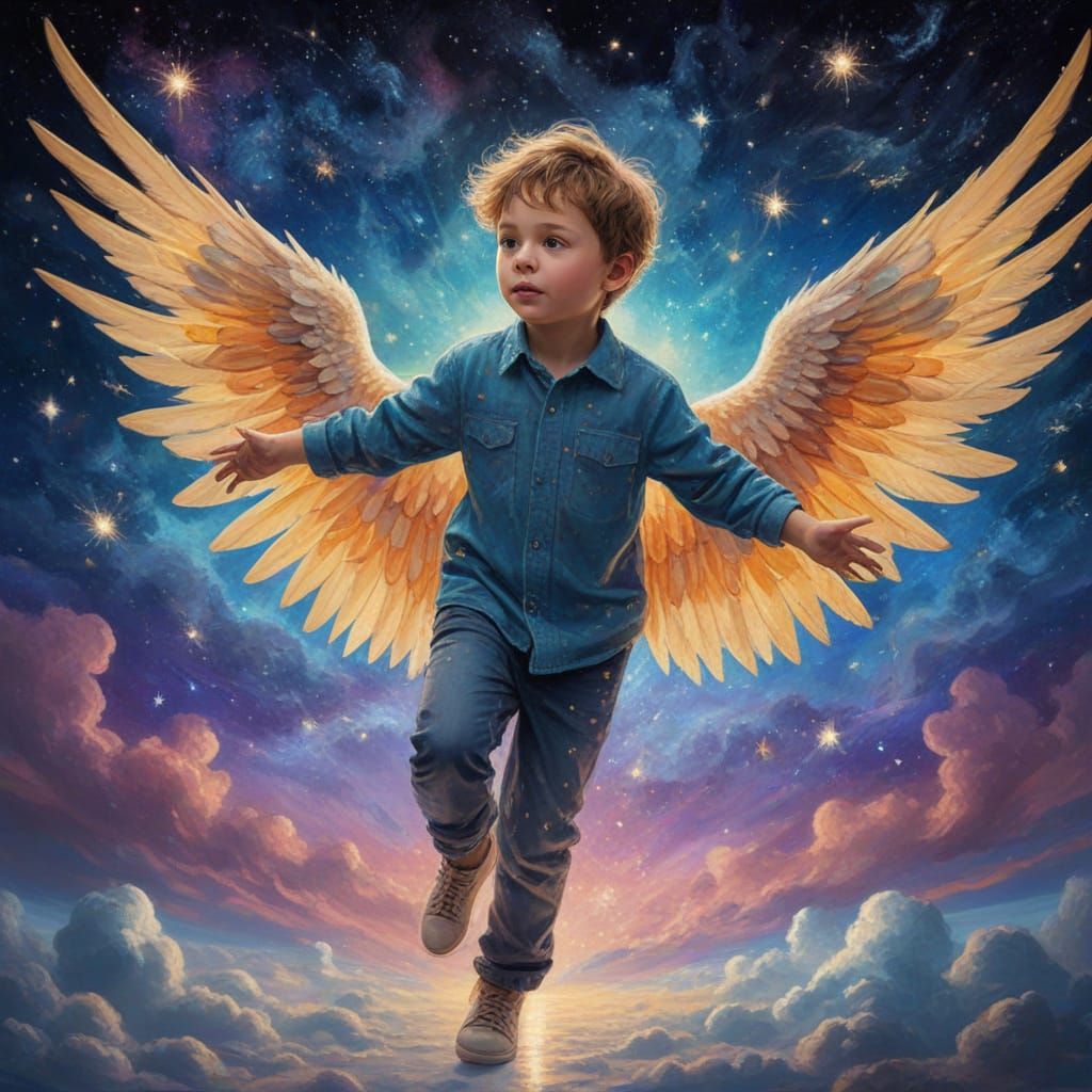 Boy Soaring Through Galaxy as Oil Painting