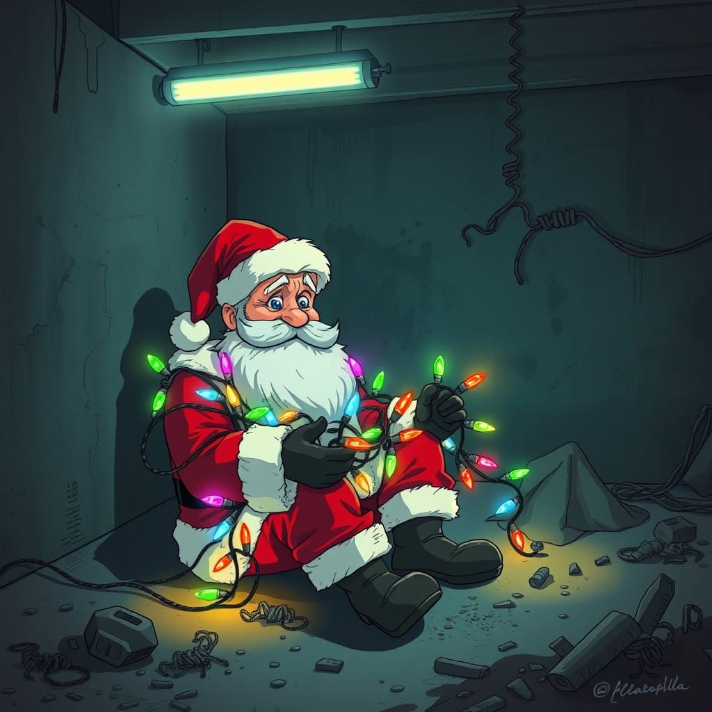 Santa Claus Ensnared in Dark Concrete Cell with Christmas Li...