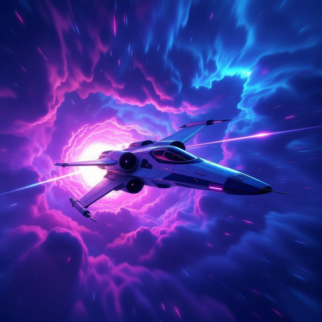 Starfighter Soaring Through Iridescent Nebula Wormhole