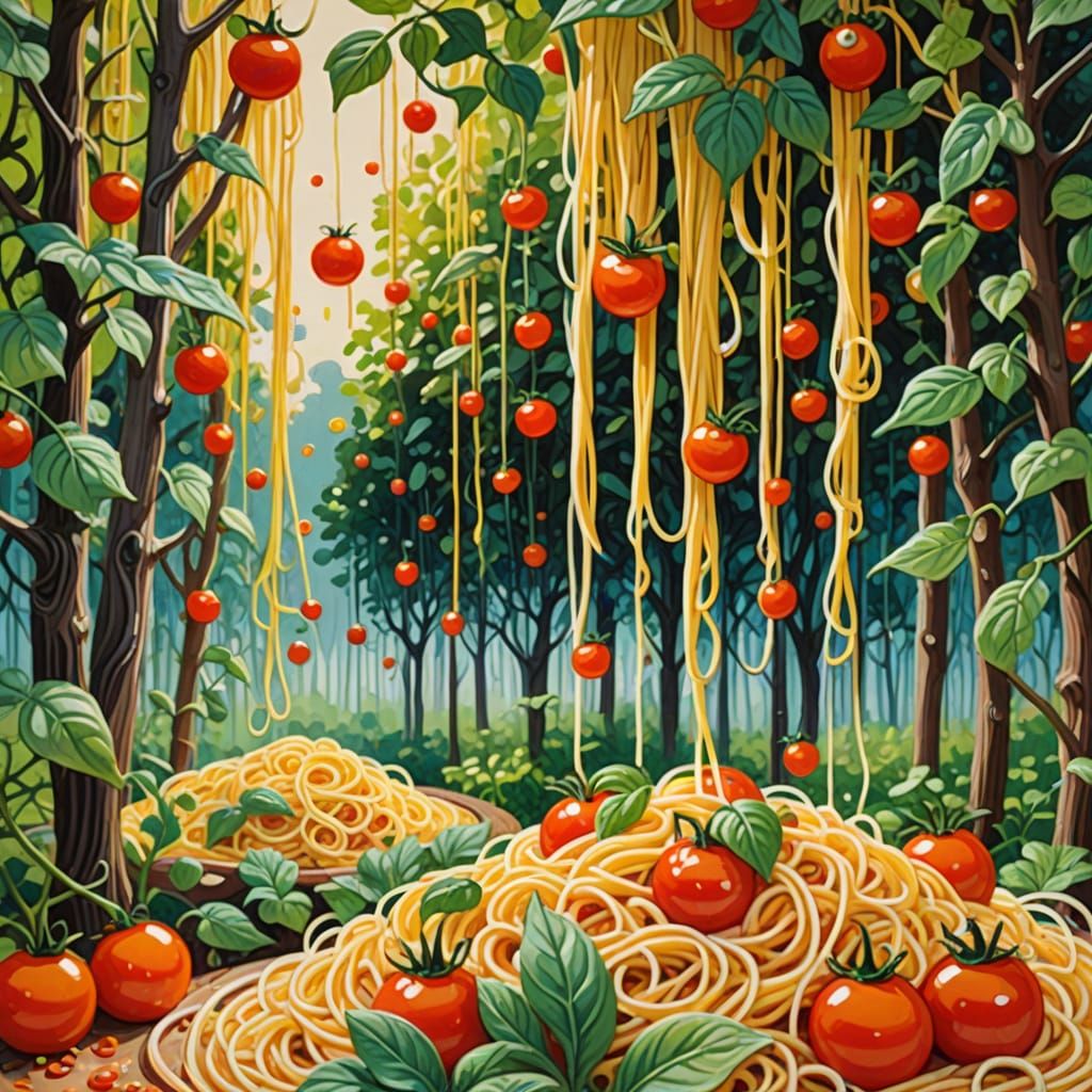 Spaghetti Trees in Dreamlike Food Landscape