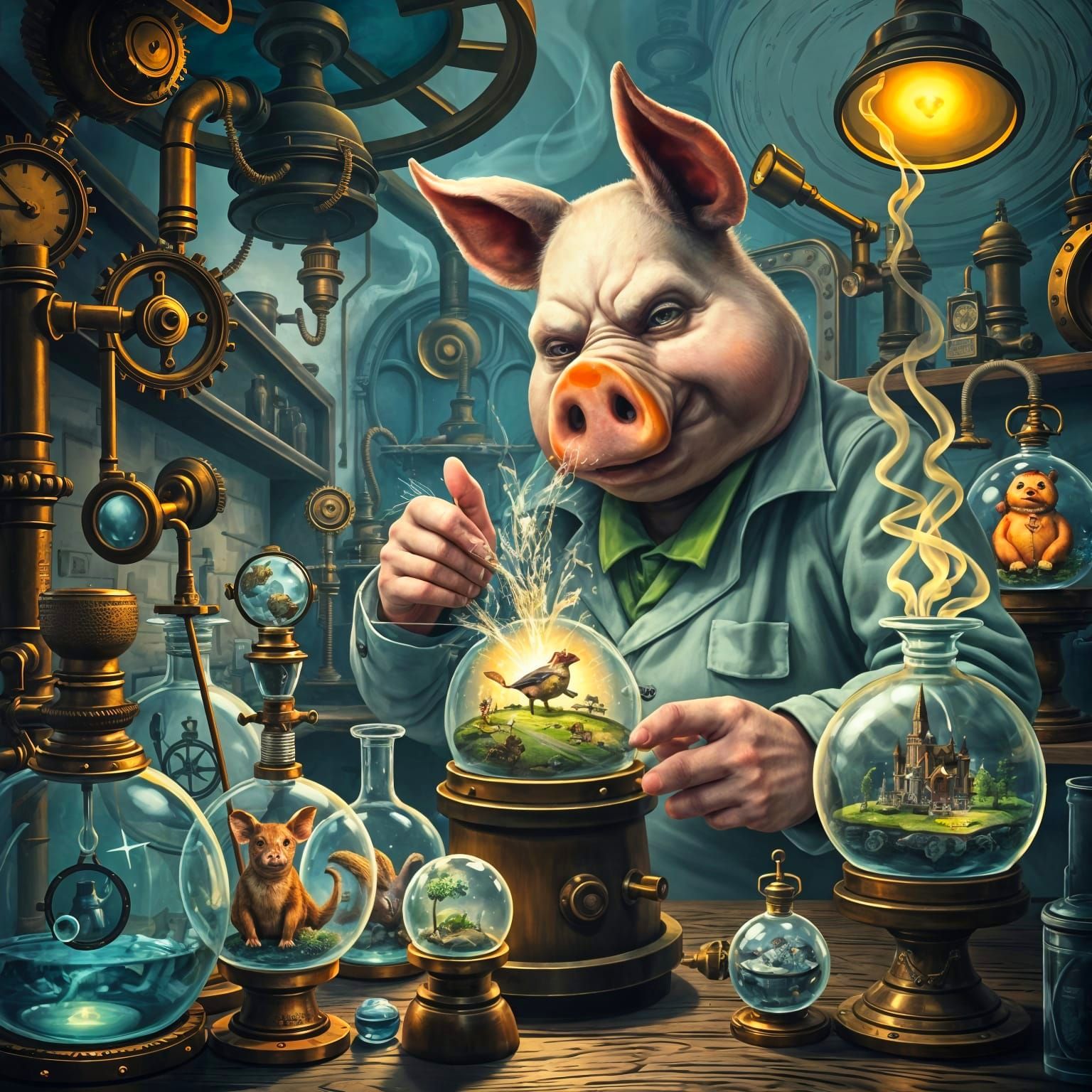 Steampunk Pig Scientist in Laboratory of Miniature Worlds