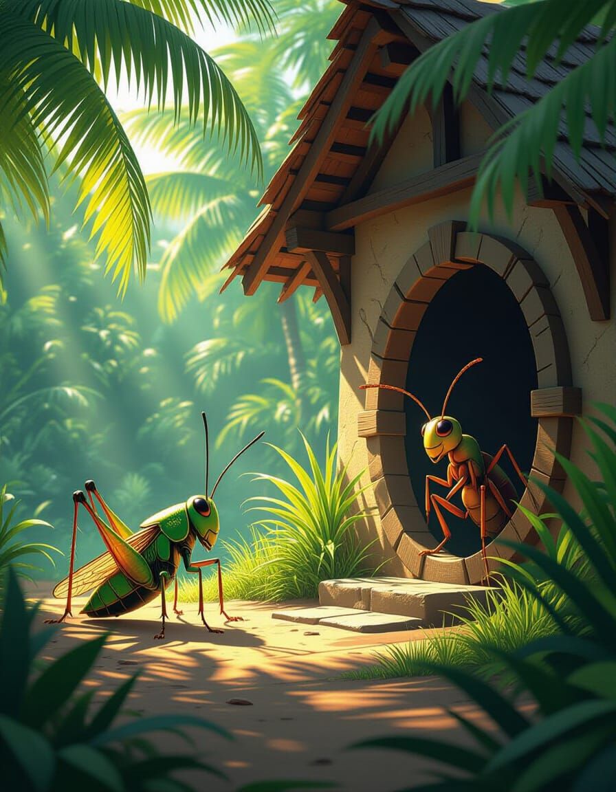Grasshopper and Ant Fable in Tropical Mauritius