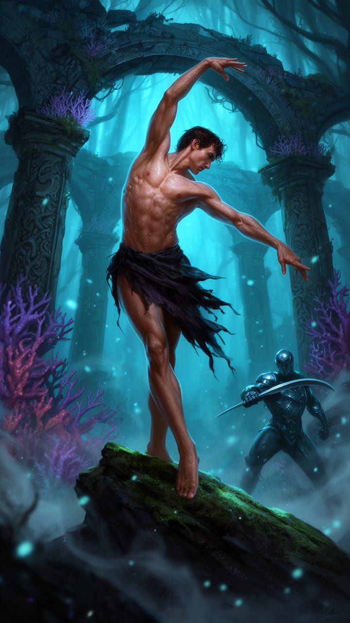 Muscular Dancer in Bioluminescent Forest Ruin