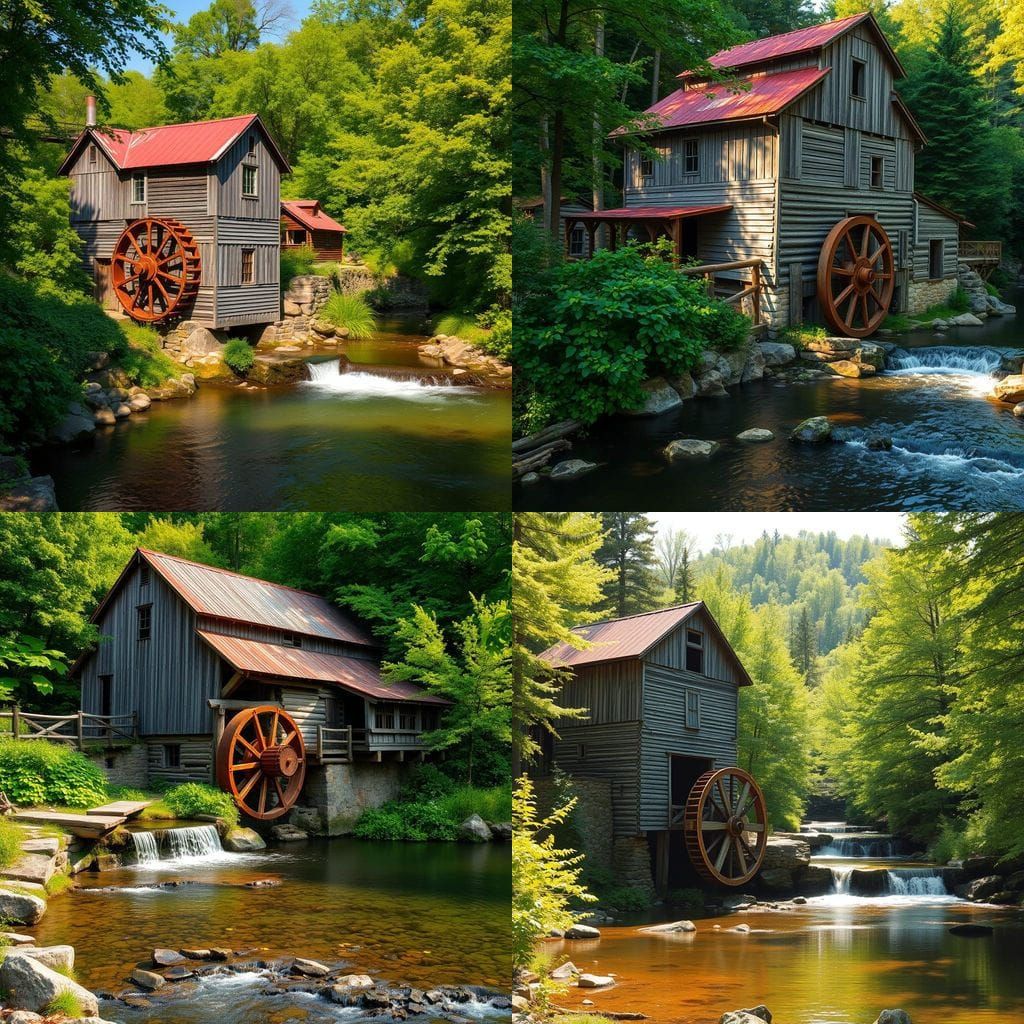 Serene Watermill Landscape in Photorealistic Style